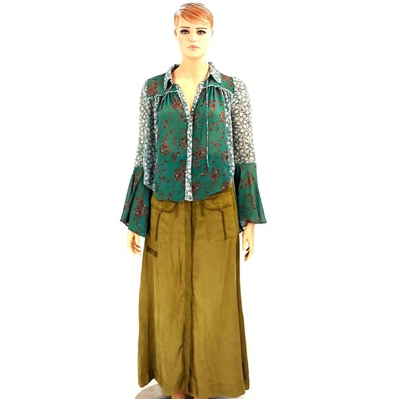 Free People New With Tags Emerald Combo Serena Bell Sleeve Top - Picture 2 of 6